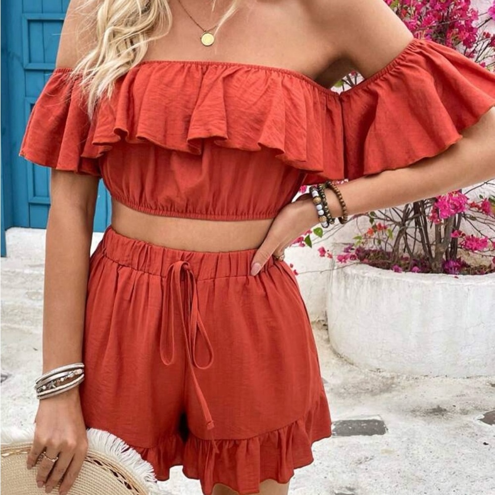 SHEIN Off-Shoulder Ruffle Two piece Set in Rust Red